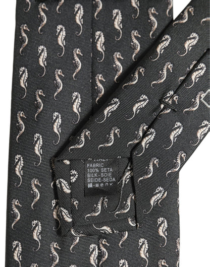 Men Black Seahorse Silk Adjustable Tied Necktie Tie
