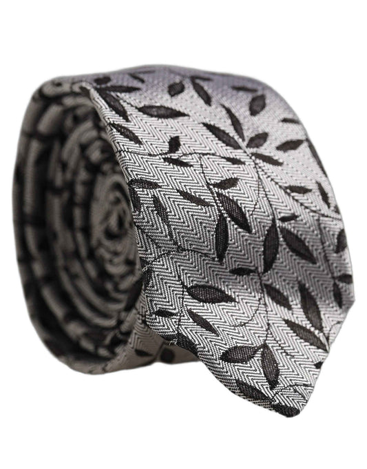 Men Gray Silk Leaf Pattern Adjustable Tied Necktie Tie