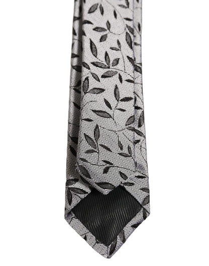 Men Gray Silk Leaf Pattern Adjustable Tied Necktie Tie