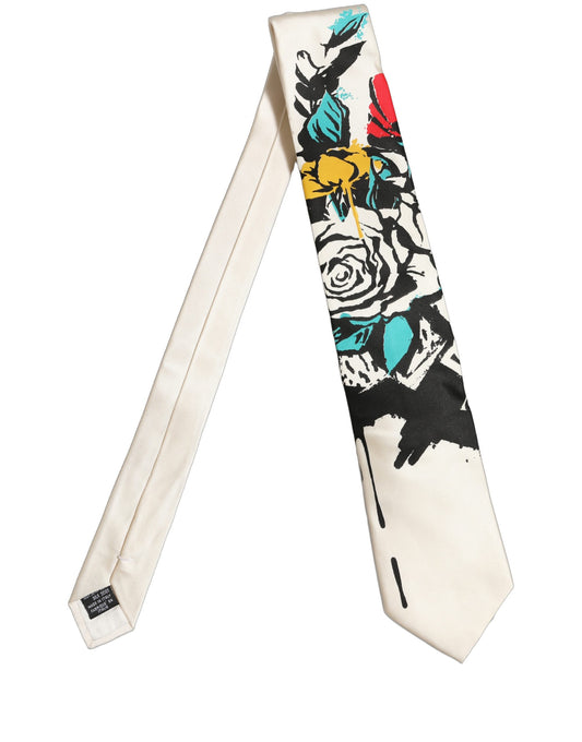 White Silk Floral Graphic Adjustable Tied Men Necktie Tie
