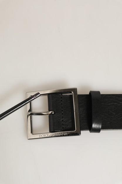 Black Leather Silver Tone Square Buckle Belt