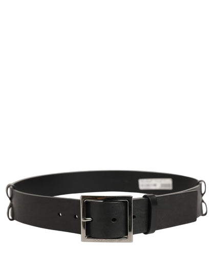 Black Leather Silver Tone Square Buckle Belt