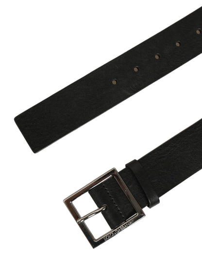 Black Leather Silver Tone Square Buckle Belt