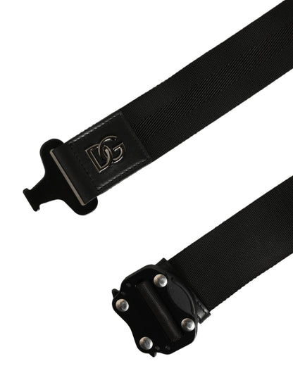 Men Black Fabric Strap Logo Metal Buckle Belt