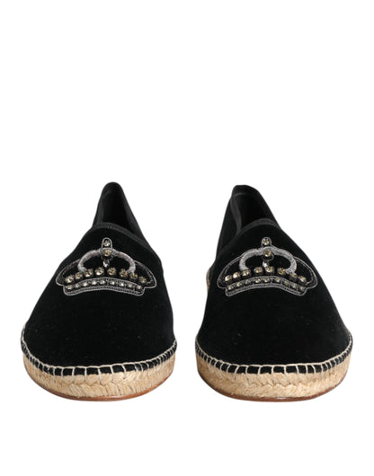 Black Embellished Crown Flat Espadrilles Shoes