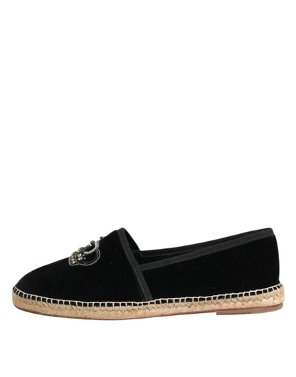 Black Embellished Crown Flat Espadrilles Shoes
