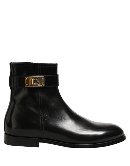 Black Leather Buckle Mid Calf Boots Men Shoes