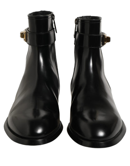 Black Leather Buckle Mid Calf Boots Shoes
