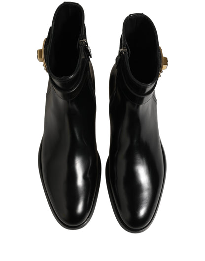 Black Leather Buckle Mid Calf Boots Shoes