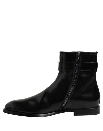 Black Leather Buckle Mid Calf Boots Shoes