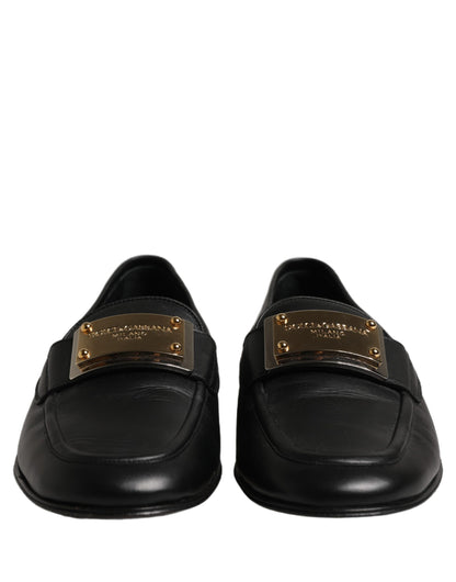 Black Leather Logo Plaque Loafers Men Shoes