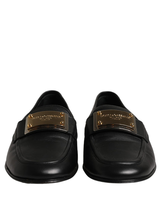 Black Leather Logo Plaque Loafers Men Shoes