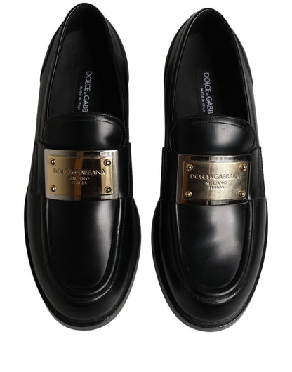 Black Leather Logo Plaque Loafers Shoes
