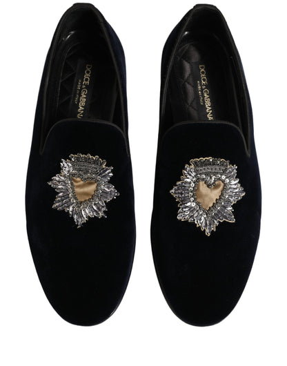 Blue Velvet Embellished Slip On Loafers Shoes