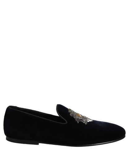 Blue Velvet Embellished Slip On Loafers Shoes