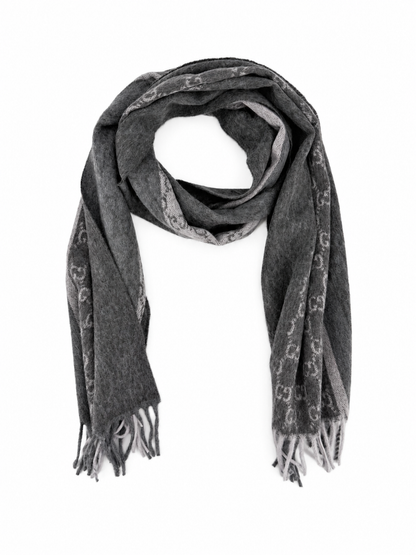 Monogram Charcoal Grey Cashmere & Wool Scarf with Fringe