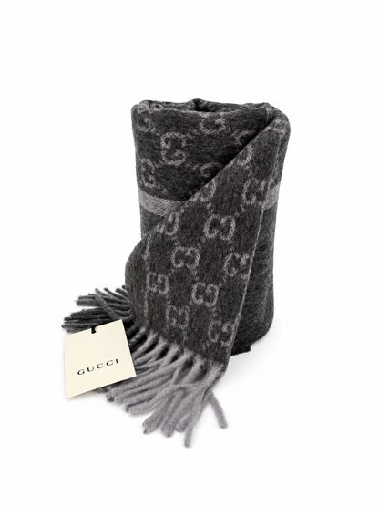 Monogram Charcoal Grey Cashmere & Wool Scarf with Fringe