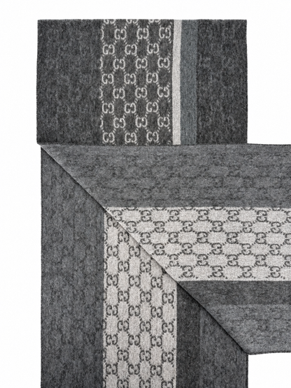 Monogram Charcoal Grey Cashmere & Wool Scarf with Fringe