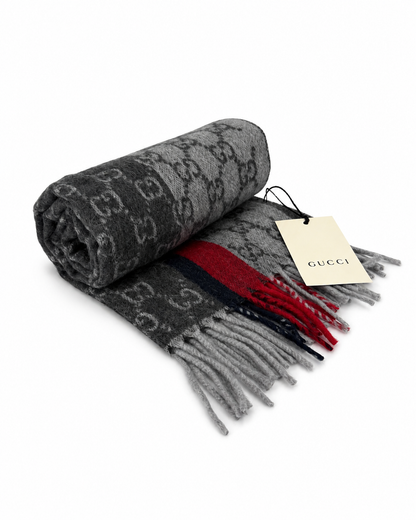 Monogram Grey Cashmere & Wool Scarf with Red & Black Stripe