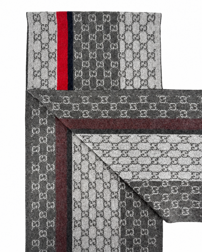 Monogram Grey Cashmere & Wool Scarf with Red & Black Stripe