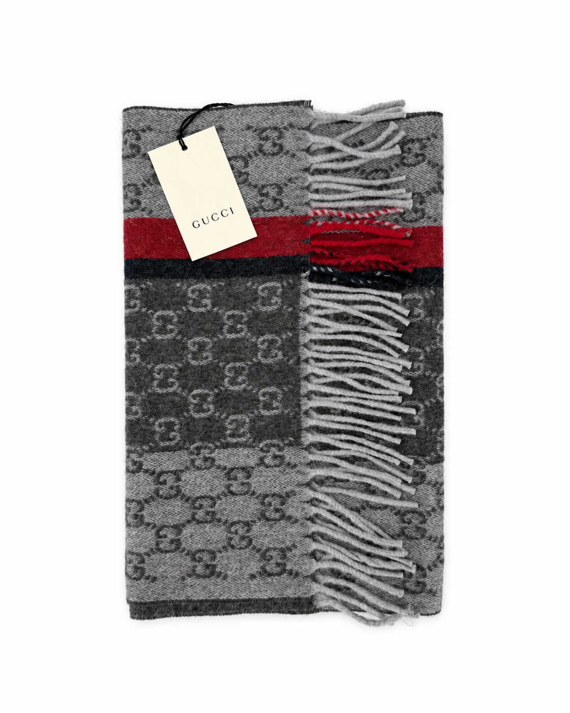 Monogram Grey Cashmere & Wool Scarf with Red & Black Stripe