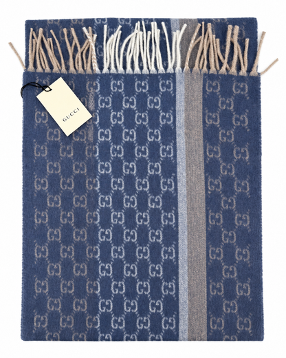 Monogram Blue Cashmere & Wool Scarf with Beige & Cream Fringe