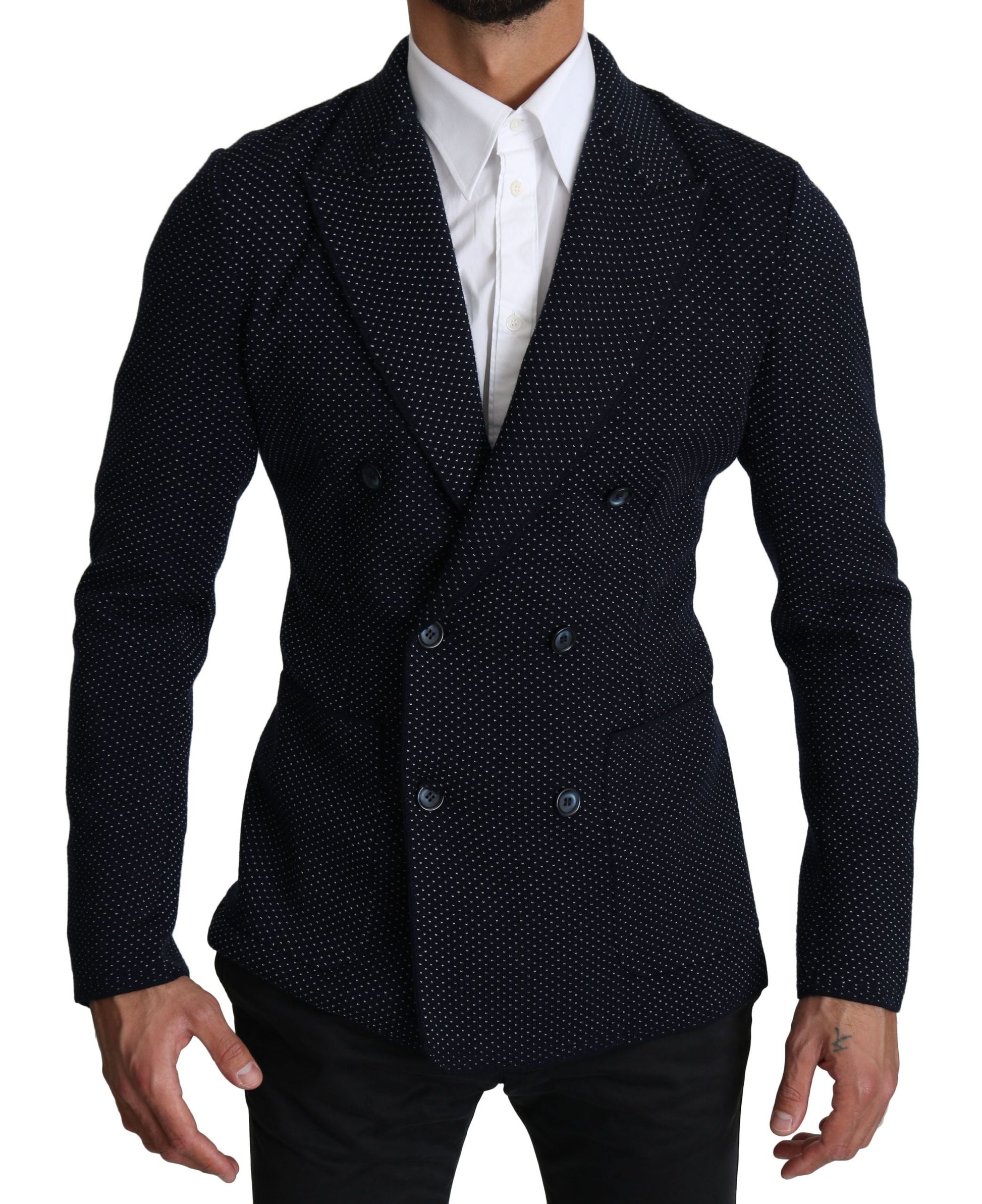 Dark Blue Dotted Double Breasted Coat Blazer Dolce & Gabbana