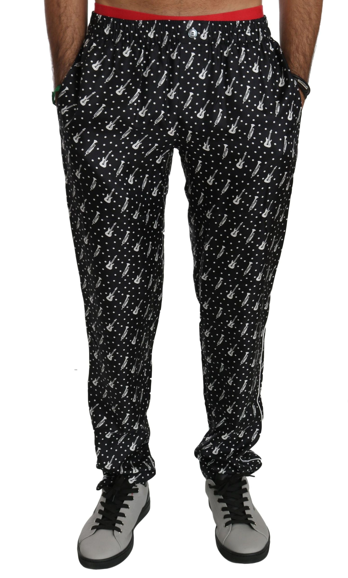 Silk Black Musical Instrument Trouser Pants Dolce & Gabbana