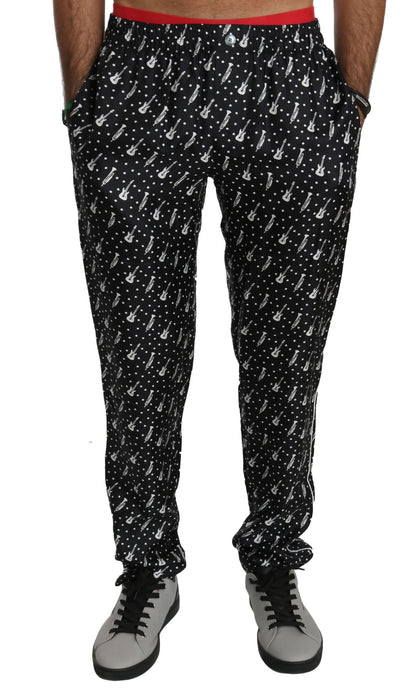 Silk Black Musical Instrument Trouser Pants Dolce & Gabbana
