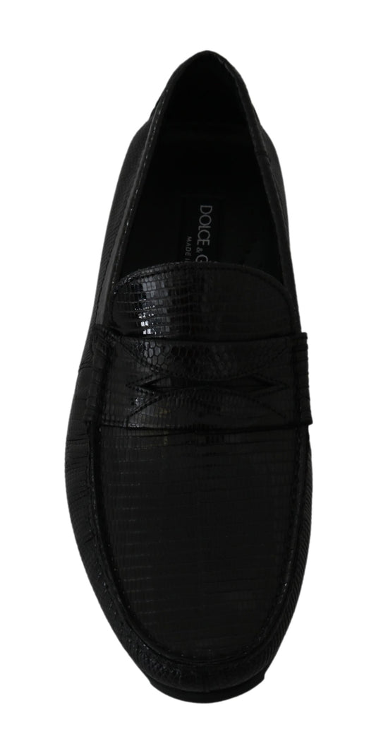 Black Lizard Leather Flat Loafers Shoes Dolce & Gabbana