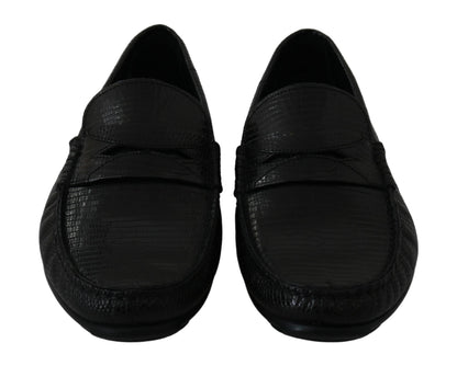 Black Lizard Leather Flat Loafers Shoes Dolce & Gabbana