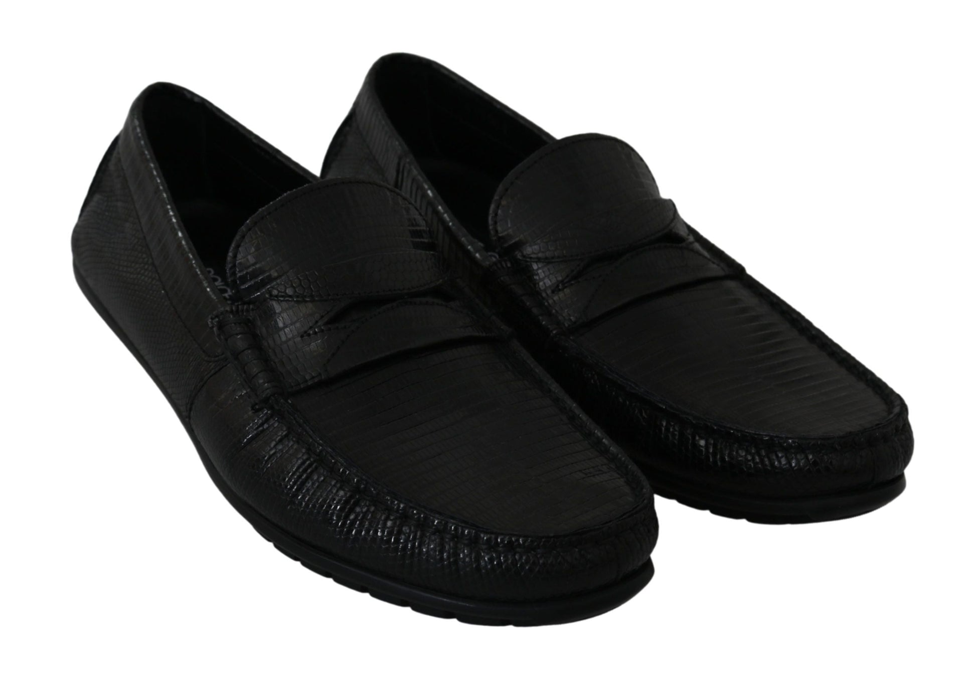 Black Lizard Leather Flat Loafers Shoes Dolce & Gabbana