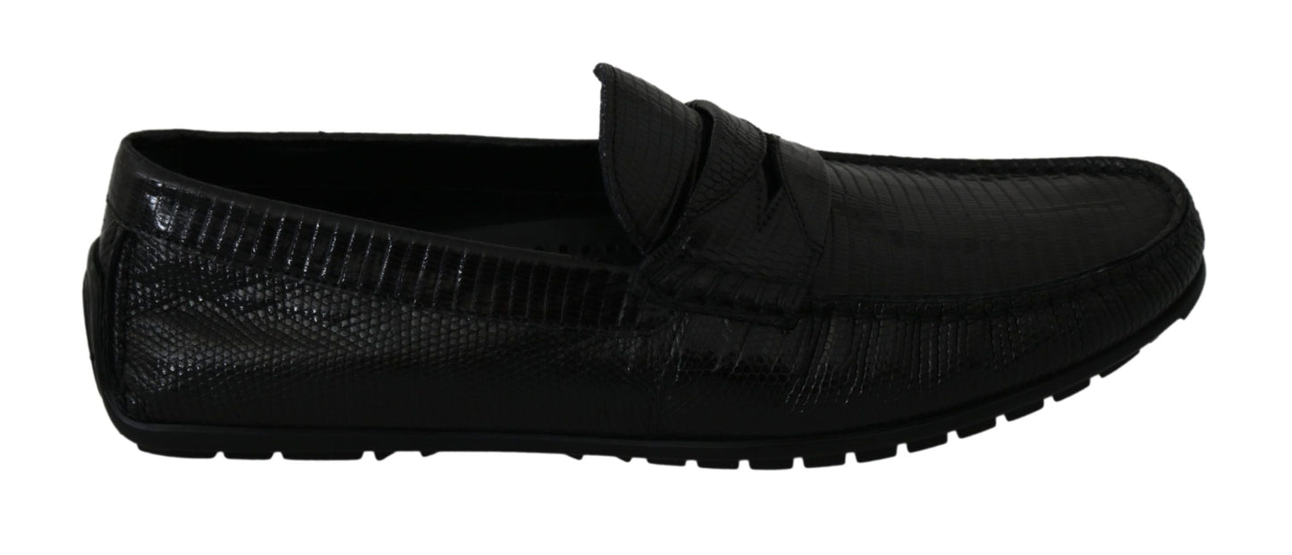 Black Lizard Leather Flat Loafers Shoes Dolce & Gabbana