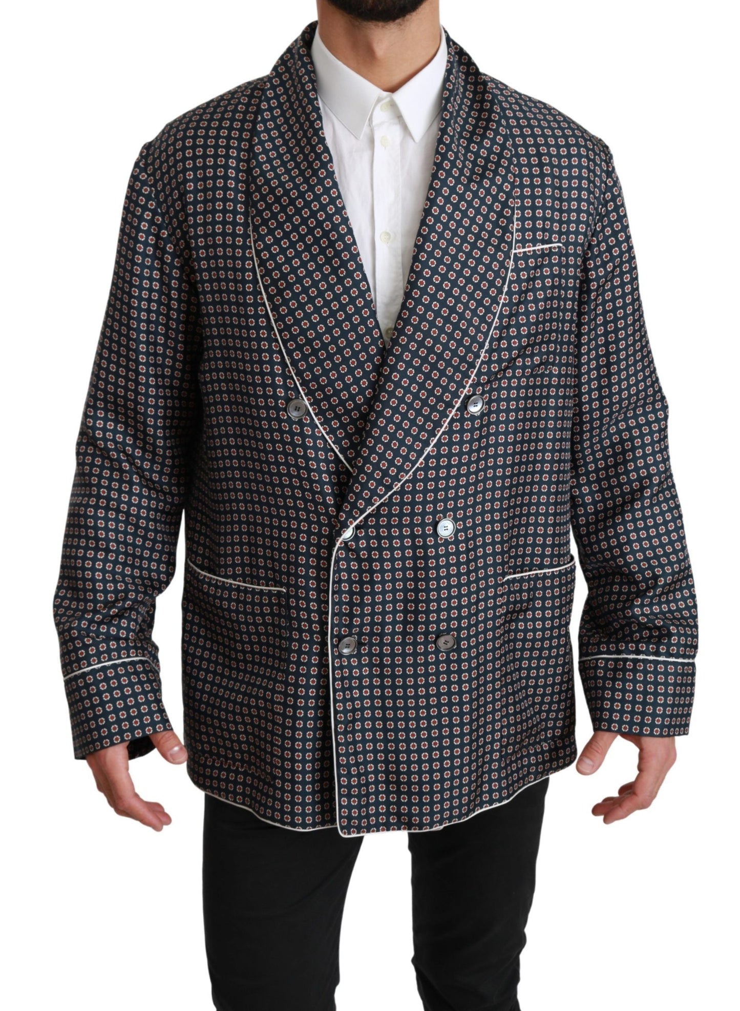 Navy Blue Patterned Double Breasted Coat Jacket Dolce & Gabbana