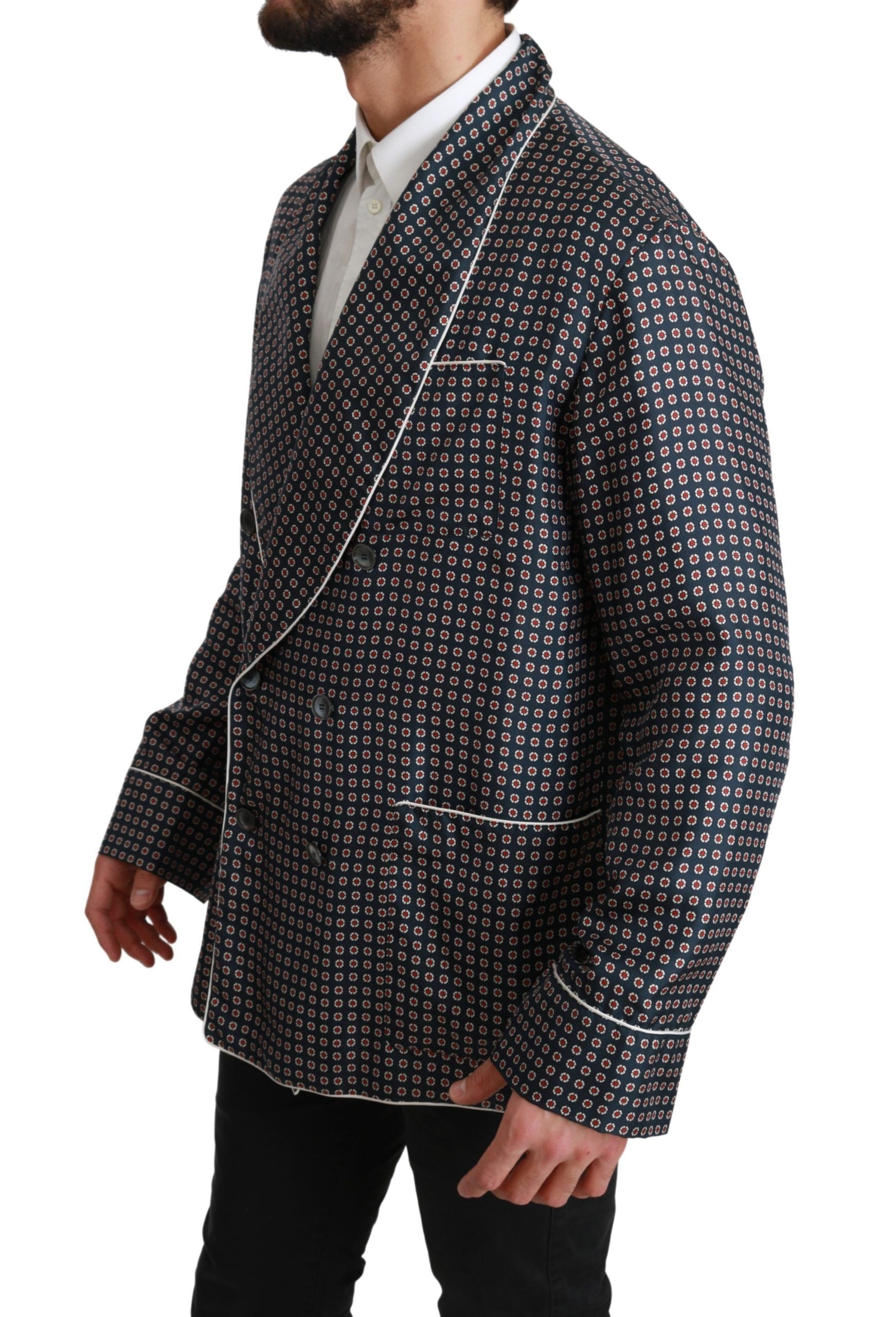Navy Blue Patterned Double Breasted Coat Jacket Dolce & Gabbana