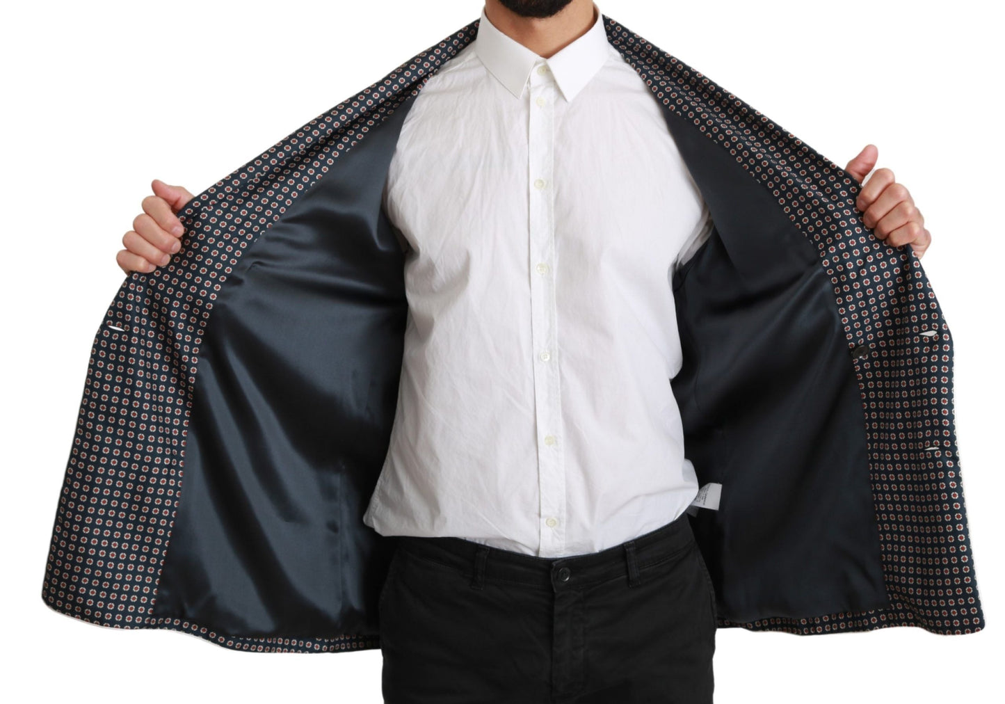 Navy Blue Patterned Double Breasted Coat Jacket Dolce & Gabbana