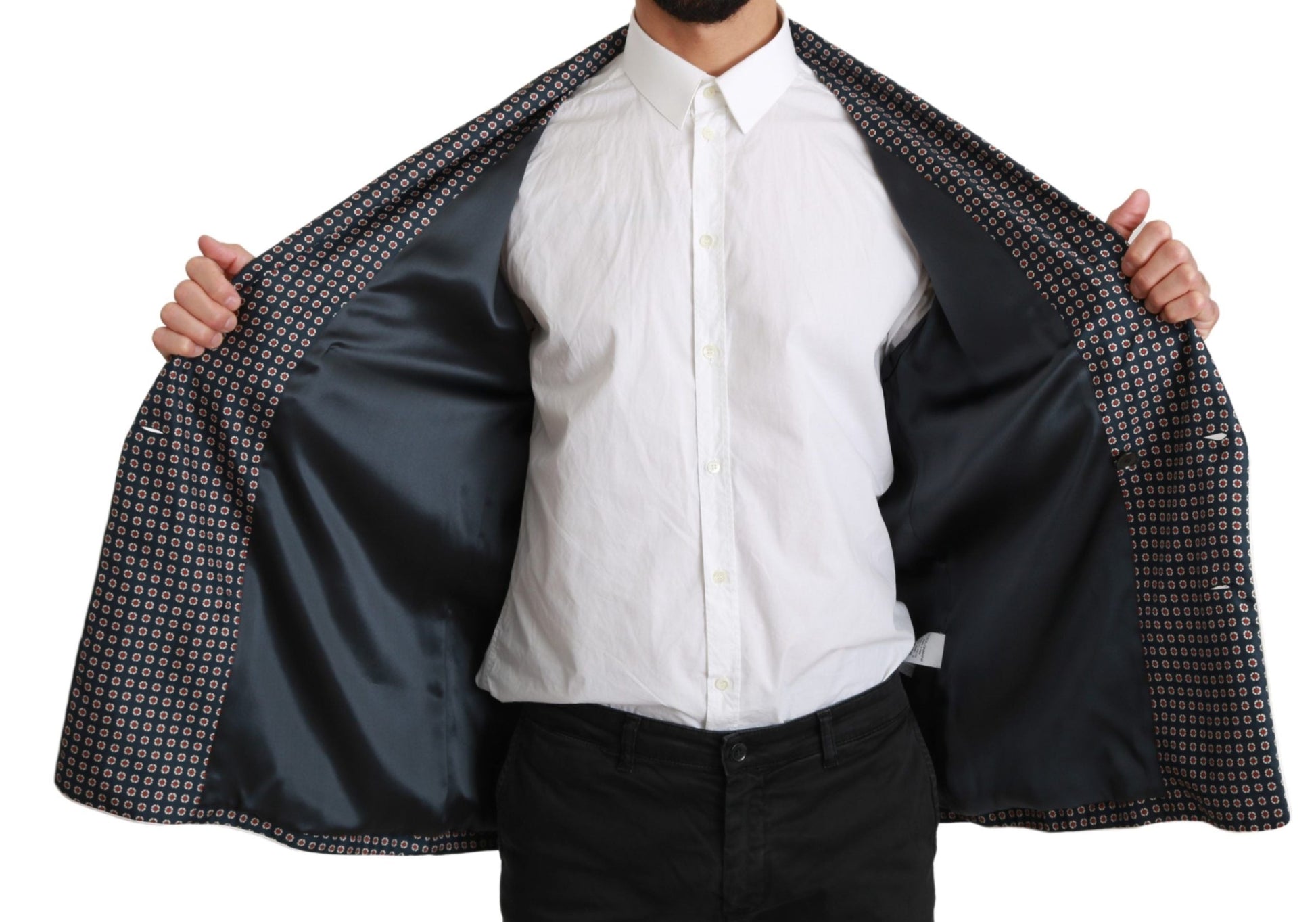 Navy Blue Patterned Double Breasted Coat Jacket Dolce & Gabbana