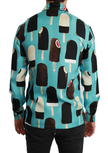 Blue Silk Ice Cream Print Casual Shirt Dolce & Gabbana