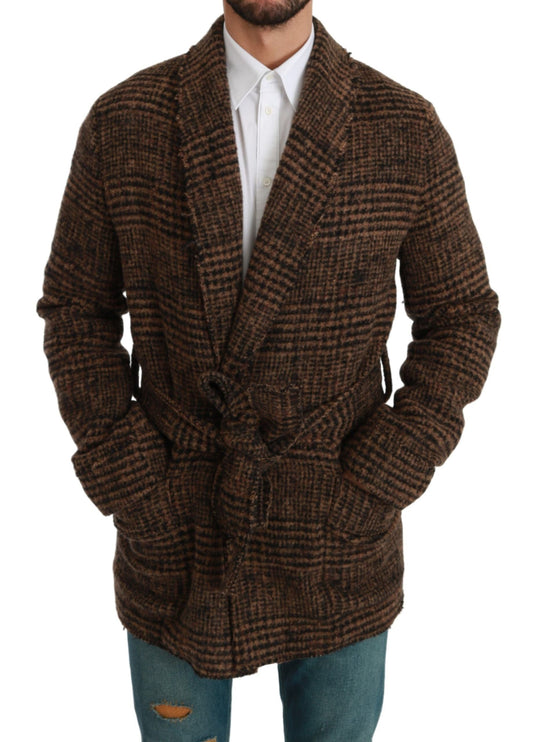 Brown Checkered Wool Robe Coat  Wrap Jacket Dolce & Gabbana