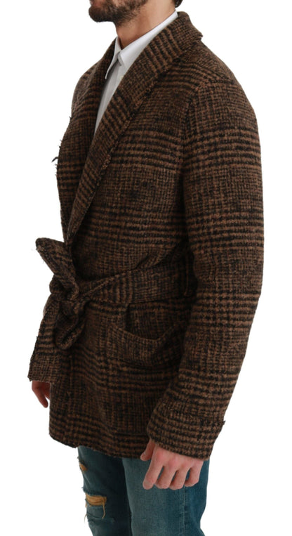 Brown Checkered Wool Robe Coat  Wrap Jacket Dolce & Gabbana