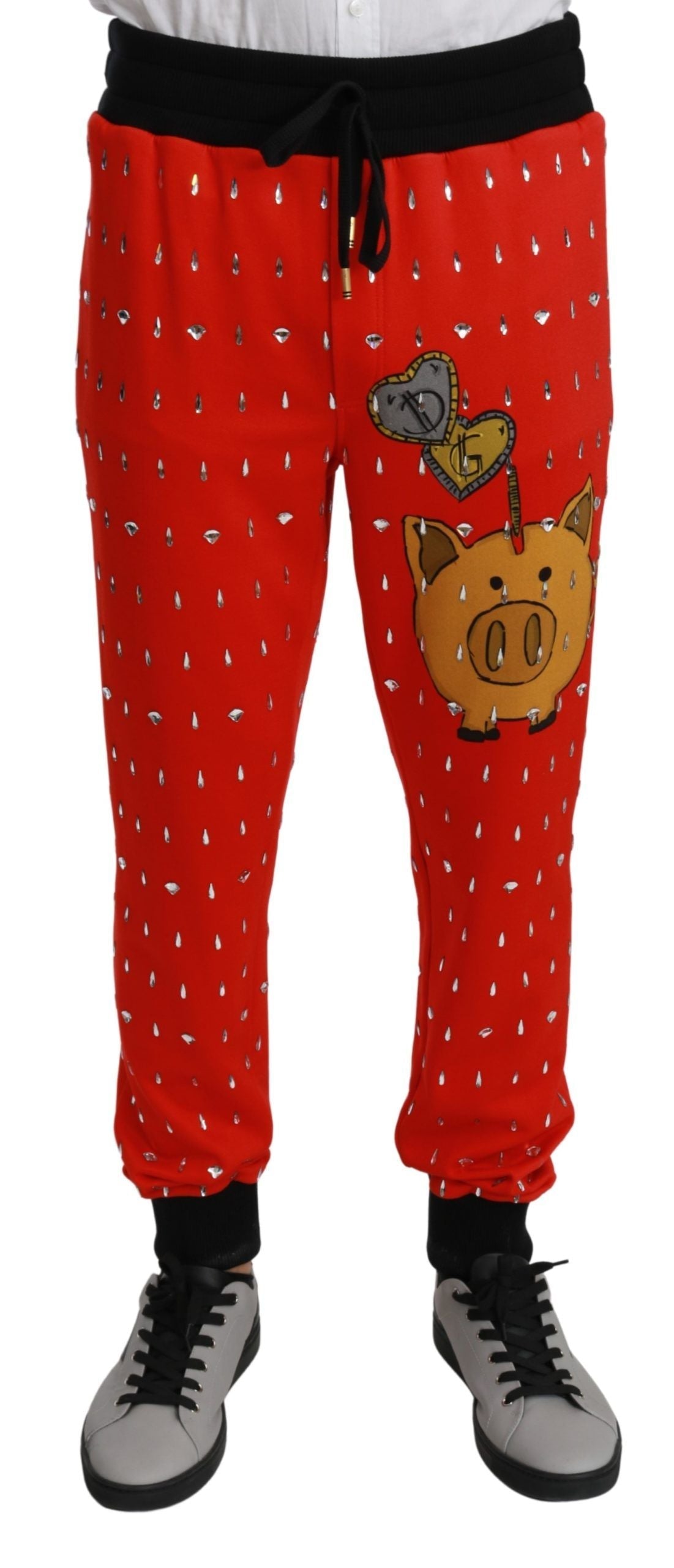 Red Piggy Bank Cotton Crystal Trousers Pants Dolce & Gabbana