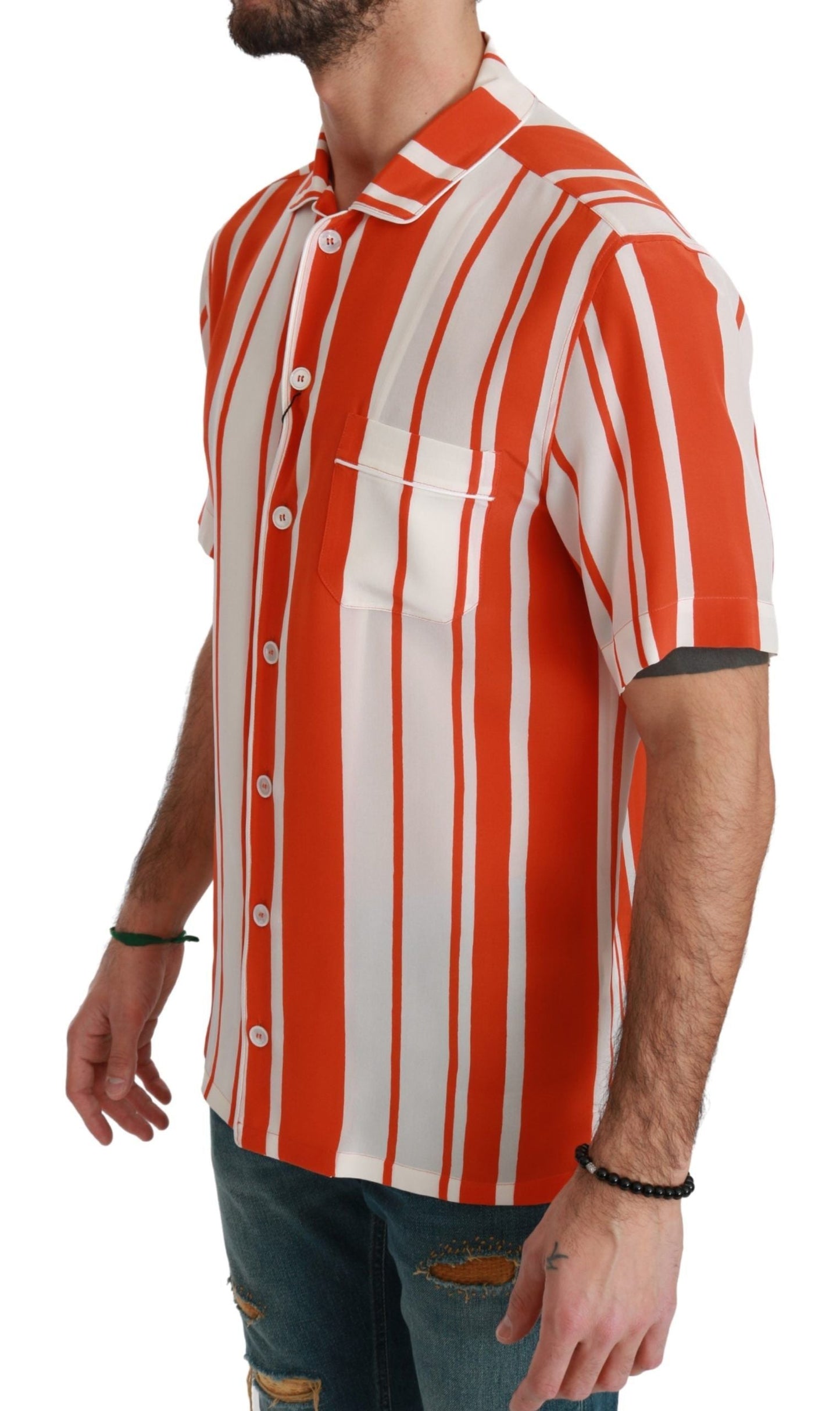 Orange Silk Striped Short Sleeve White Shirt Dolce & Gabbana
