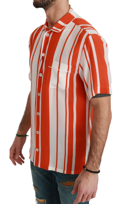 Orange Silk Striped Short Sleeve White Shirt Dolce & Gabbana