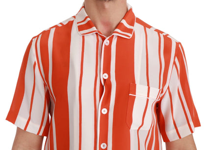 Orange Silk Striped Short Sleeve White Shirt Dolce & Gabbana
