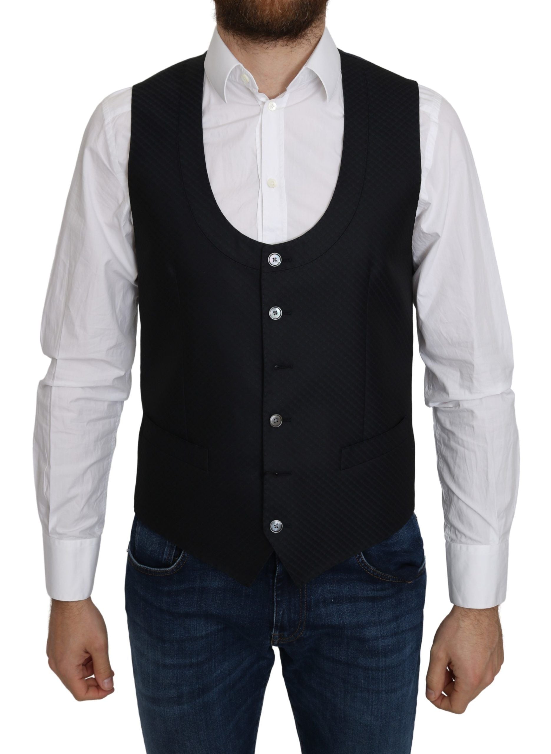 Blue Silk Romb Pattern Formal Coat Vest Dolce & Gabbana