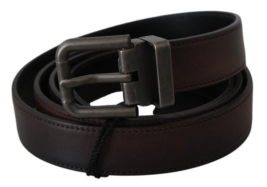 Solid Brown Leather Gray Buckle Belt Dolce & Gabbana