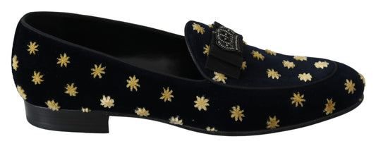 Blue Velvet Crown Slippers Loafers Shoes Dolce & Gabbana