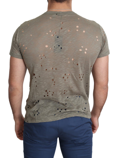 Brown Cotton Stretch Logo Print Men Casual Perforated T-shirt Guess