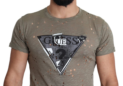 Brown Cotton Stretch Logo Print Men Casual Perforated T-shirt Guess