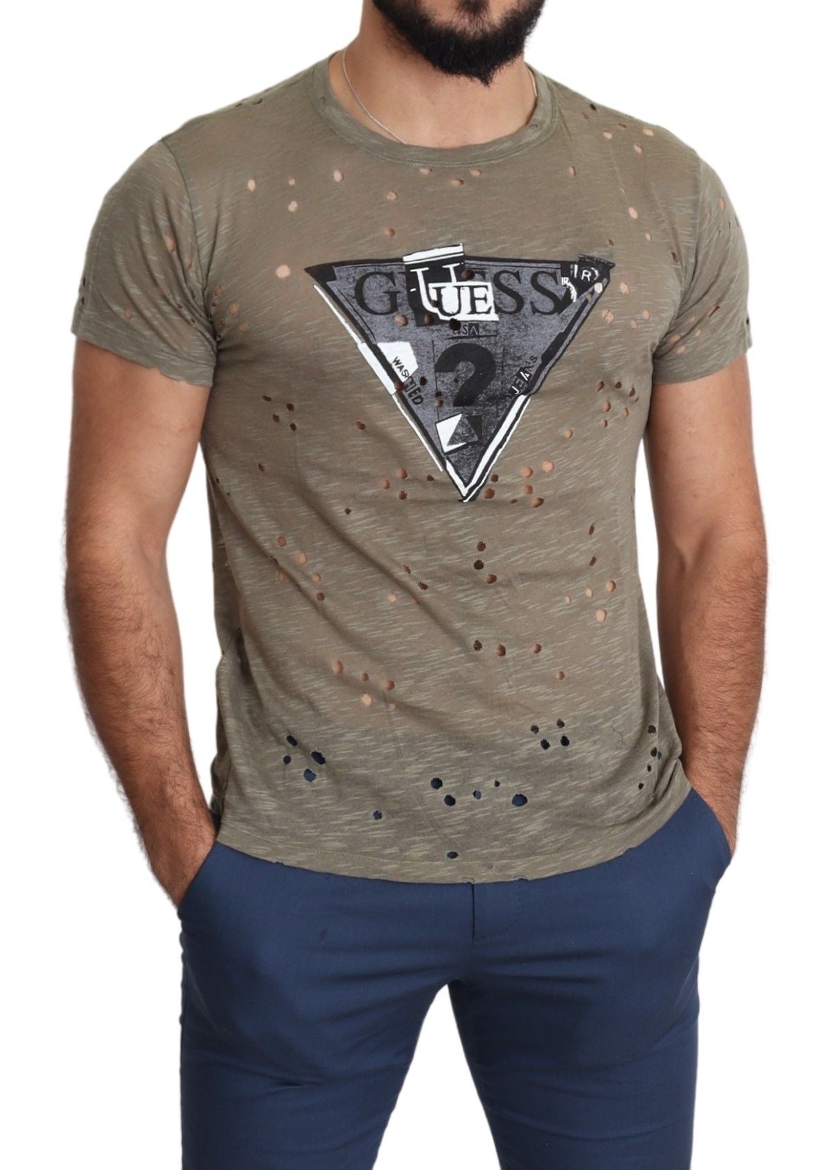 Brown Cotton Stretch Logo Print Men Casual Perforated T-shirt Guess